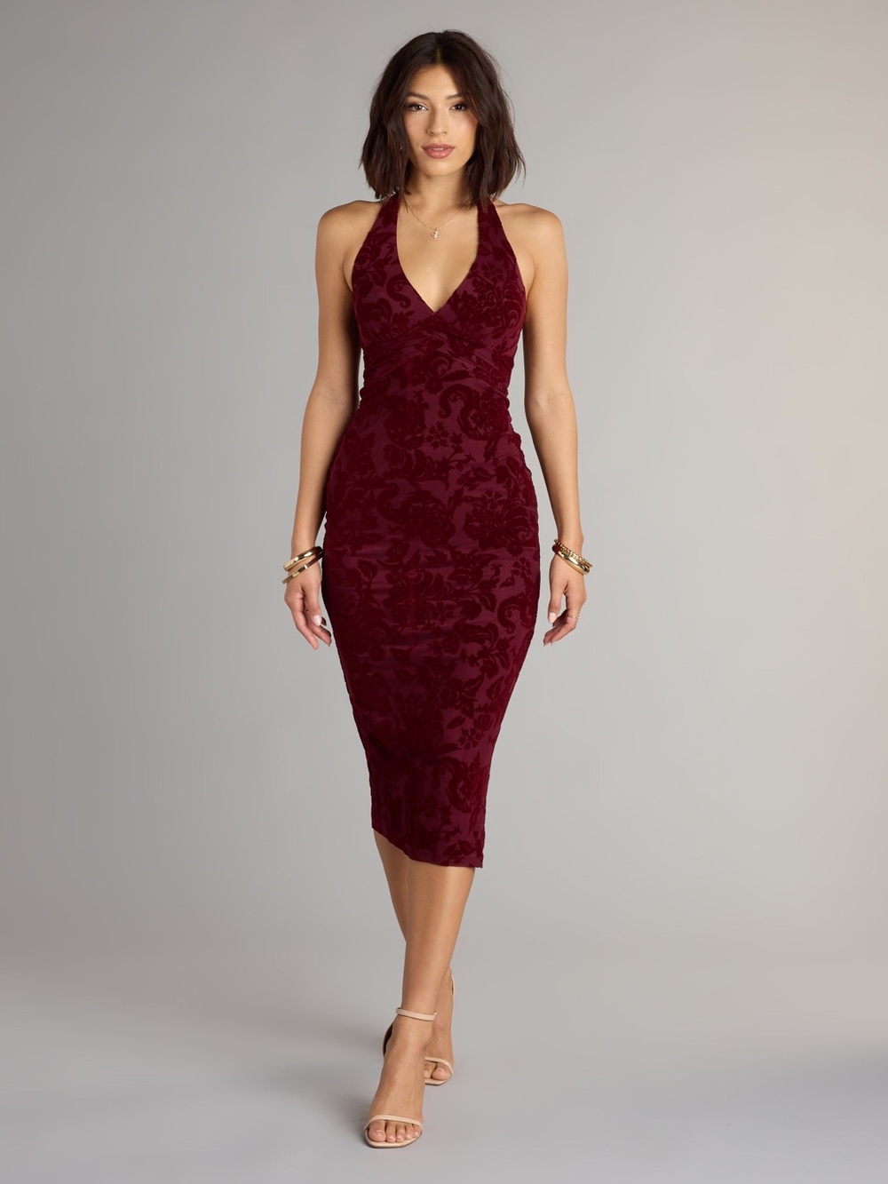 Windsor Burgundy Velvet Jacquard Halter Midi Dress
